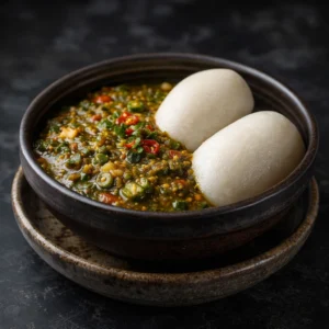 Kôpè placali Sauce à base de gombo frais, servie avec placali.