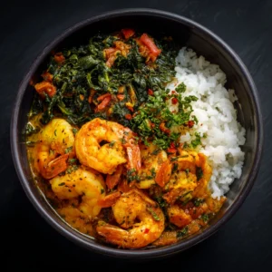 N’dolé royal / crevette : Plat camerounais préparé à base de plantes légumières, servi avec crevettes