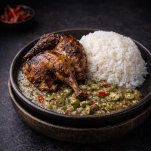 Riz au gumbo blanc et pintade grillée