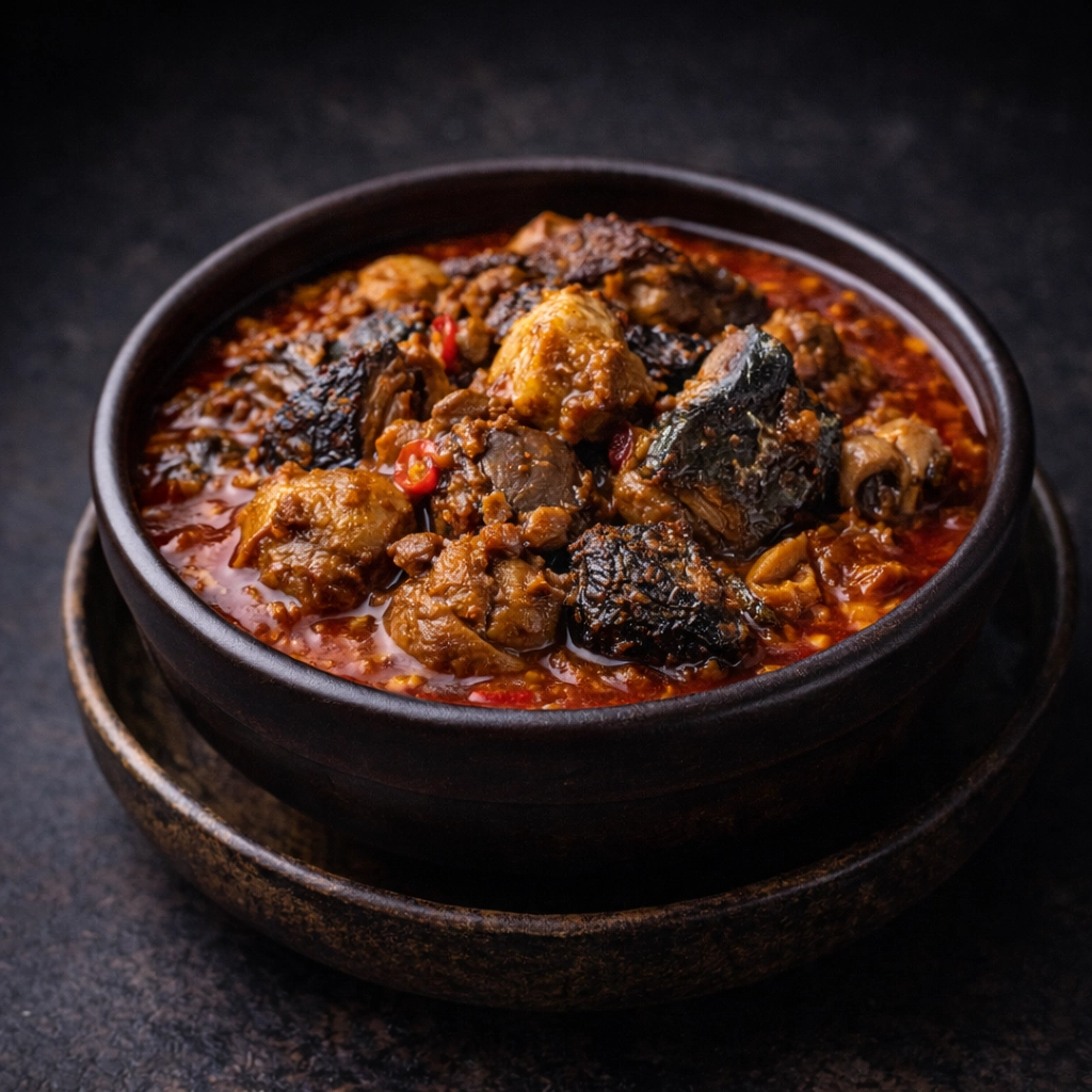 Siéto kossoukoué : Plat traditionnel du pays Bété, composé de morceaux de viande et de poisson.