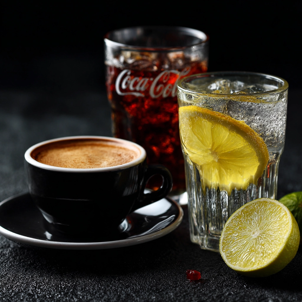 Tasse de café, verre de coca et perrier rondelle